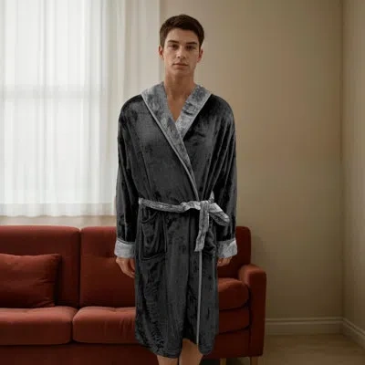 Elegant Comfort Luxury Men's Hooded Plush Fleece Spa Bathrobe With Shawl Collar And Pockets - Velvet Soft, Mens Spa  In Gray