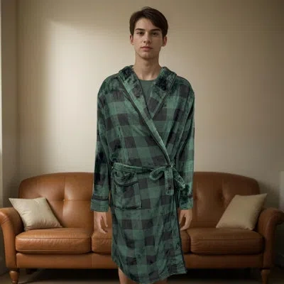 Elegant Comfort Luxury Men's Hooded Plush Fleece Spa Bathrobe With Shawl Collar And Pockets - Velvet Soft, Mens Spa  In Green