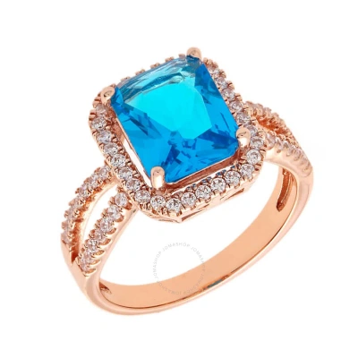 Elegant Confetti Women's 18k Rose Gold Plated Blue Cz Simulated Cushion Diamond Halo Statement Cockt In Rose Gold-tone