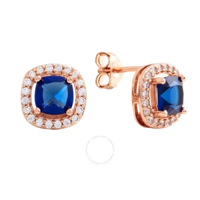 Elegant Confetti Women's 18k Rose Gold Plated Blue Cz Simulated Cushion Diamond Halo Stud Earrings In Rose Gold-tone