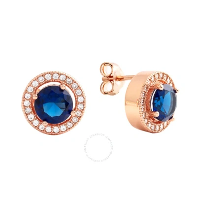 Elegant Confetti Women's 18k Rose Gold Plated Blue Cz Simulated Diamond Classic Halo Stud Earrings In Rose Gold-tone