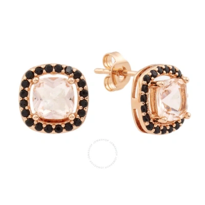 Elegant Confetti Women's 18k Rose Gold Plated Pink And Black Cz Simulated Cushion Diamond Halo Stud In Rose Gold-tone