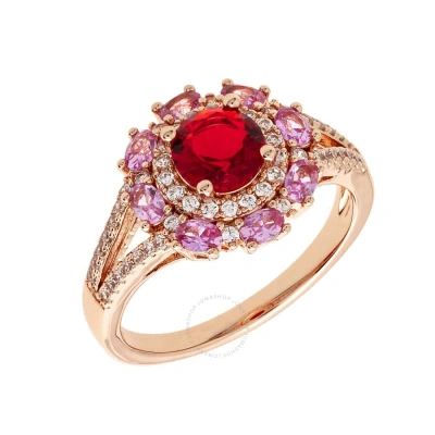 Elegant Confetti Women's 18k Rose Gold Plated Red And Pink Cz Simulated Diamond Floral Halo Ring Siz In Rose Gold-tone