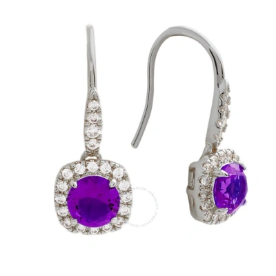 Elegant Confetti Women's 18k White Gold Plated Purple Cz Simulated Cushion Diamond Halo Drop Earring In Metallic