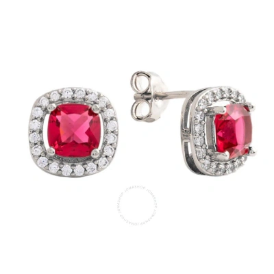 Elegant Confetti Women's 18k White Gold Plated Red Cz Simulated Cushion Diamond Halo Stud Earrings