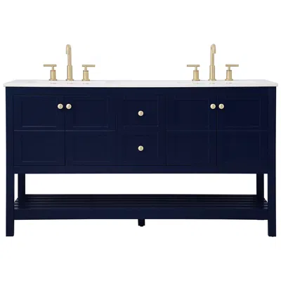 Elegant Lighting 60-inch Blue Double Sink Bathroom Vanity With White Calacatta Quartz Top