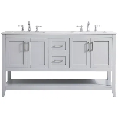 Elegant Lighting 60-inch Grey Double Sink Bathroom Vanity With White Calacatta Quartz Top