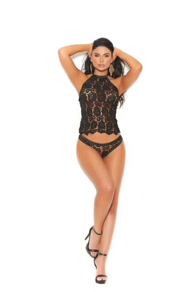 Elegant Moments Crochet Lace Halter Cami Top With Open Back And Matching Panty. In Black