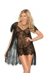 Elegant Moments Eyelash Lace Peignoir Set Includes Babydoll With Adjustable Straps And Hook And Eye Back Closure. Sh In Black