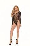 Elegant Moments Long Sleeve Lace Teddy With Snap Crotch. In Black
