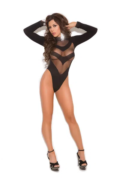 Elegant Moments Long Sleeve Opaque Teddy With Mesh Burnout. Snap Crotch. In Black