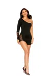 Elegant Moments Lycra One Shoulder Mini Dress With Lace Insert. In Black
