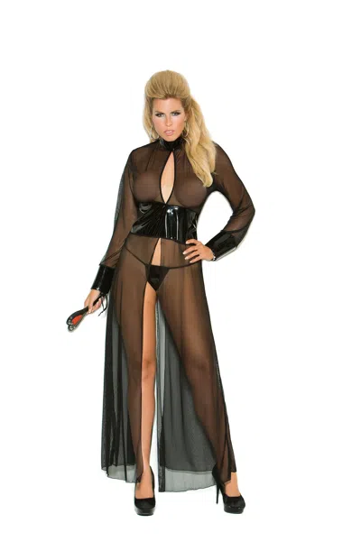 Elegant Moments Mesh And Vinyl Long Sleeve Gown With Adjustable Hook And Eye Back Closure. Matching G-string Include In Black