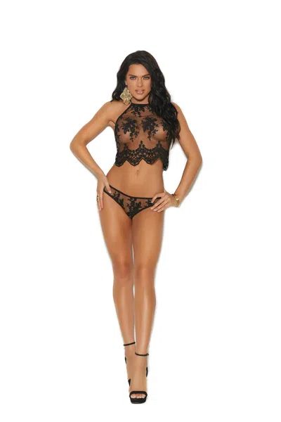 Elegant Moments Mesh Halter Neck Cami With Embroidered Detail, Tie Neck And Back Zipper Closure. Matching Panty With In Black