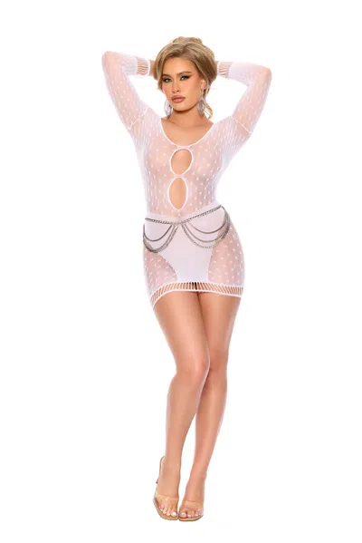 Elegant Moments Polka Dot Crochet Mini Dress With Keyhole Front And Back. In White