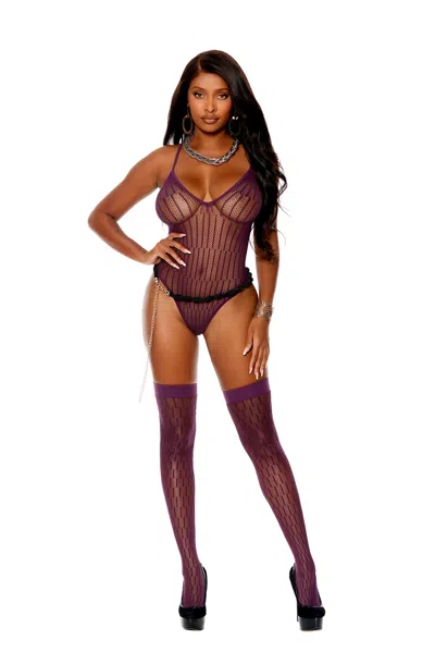 Elegant Moments Vertical Striped Crochet Deep V Teddy And Matching Stockings. In Red