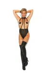 Elegant Moments Vinyl And Fishnet Halter Neck Teddy Trimmed In Nail Heads With Side Zipper Closure. In Black