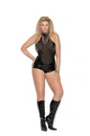 Elegant Moments Vinyl And Mesh Romper With Chain Front Detail. In Black
