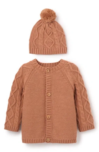 Elegant Baby Kids'  Diamond Cable Stitch Cotton Blend Cardigan & Hat Set In Rust