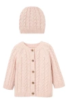 Elegant Baby Kids'  Horseshoe Cable Knit Cotton Cardigan & Hat Set In Pink