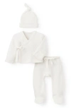 Elegant Baby Preemie Organic Cotton Hat, Top & Pants Set In White