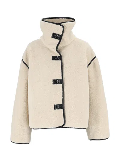 Eleh Cream Boxy High Collar Toggle Cropped Jacket In Beige