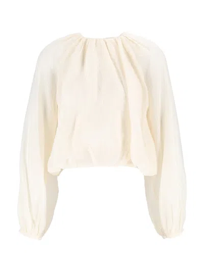 Eleh Cream Voluminous Sleeves Pleated Cropped Blouse In White