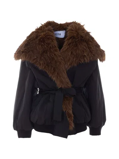 Eleh Faux-fur Collar Belted Jacket In Blue