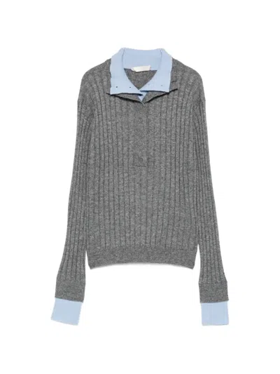 Eleh Ribbed-knit Button-up Polo Top In Gray