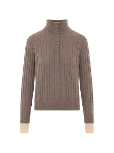 Eleh Ribbed-knit Button-up Sweater In Brown