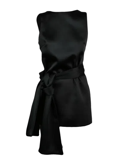 Eleh Short Satin Dress With Decorative Bow And V-neckline In Black