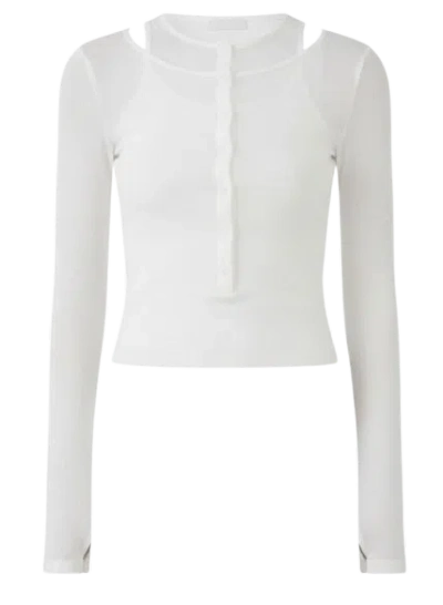 Eleh White Ribbed Knit Button Top