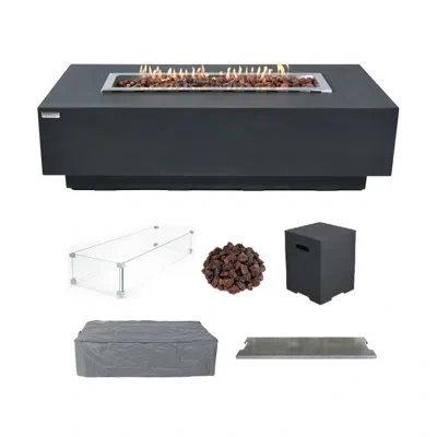 Elementi Granville 60" Propane Concrete Outdoor Fire Pit Table Bundle Includes Burner Lid, Glass Wind Guard,  In Dark Gray