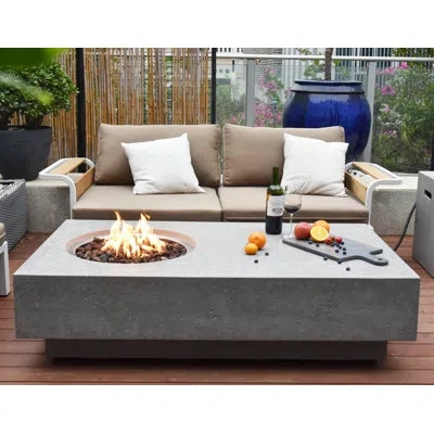 Elementi Metroplis 56" Outdoor Concrete Fire Table 45,000 Btu - Includes Lava Rocks And Pvc Cover In Light Gray