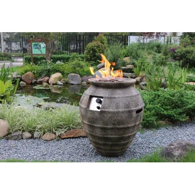 Elementi Pompeii 26" Outdoor Concrete Barrel Fire Pit 40,000 Btu - Includes Lava Rocks & Pvc Cover In Gray