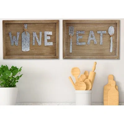 Elements 24x16-in Eat Wine Wood And Metal Wall Plaque, Set Of 2 In Brown