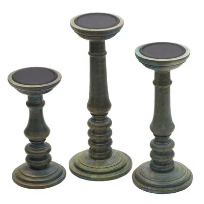 Elements 3 Piece Wood Tabletop Candlestick Set In Teal,black