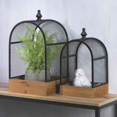 Elements Metal And Wood Cage Table Top Décor, Black