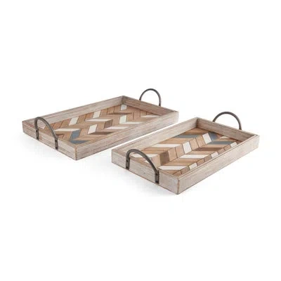 Elements Set Of 2 23-in Parquet Trays In Brown;white;silver