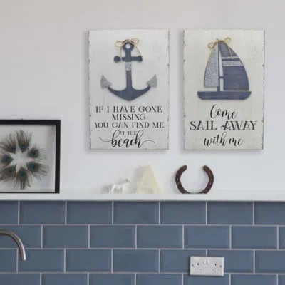Elements Set Of 2 24x16 Coastal Wood Wall Plaques In Blue;white;gray