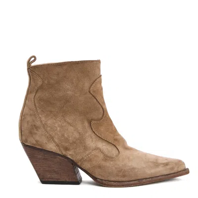 Elena Iachi Beige Suede Ankle Boots With Curved Seam Detail In Brown