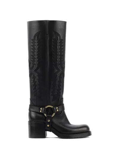 Elena Iachi Embroidered Harness-detail Knee-length Boots In Black
