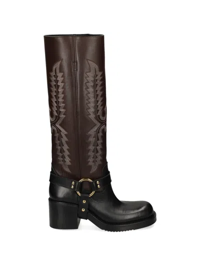 Elena Iachi Embroidered Leather Boots In Brown