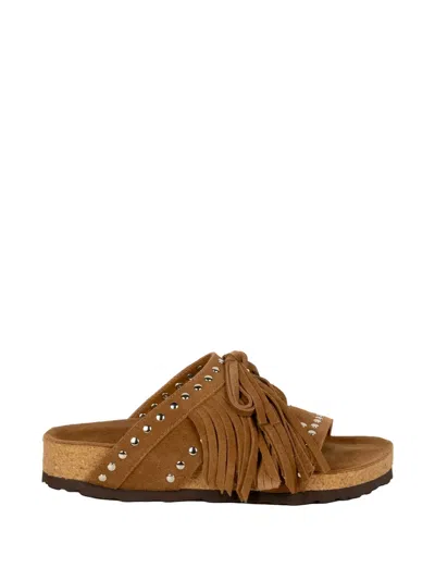 Elena Iachi Fringed Studded Sandals In Brown