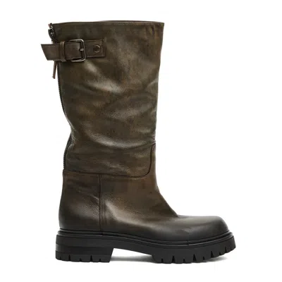 Elena Iachi Mid-calf Aged Leather Boots With Chunky Lug Sole In Brown