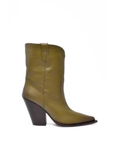 Elena Iachi Olive Green Leather Texan Ankle Boots