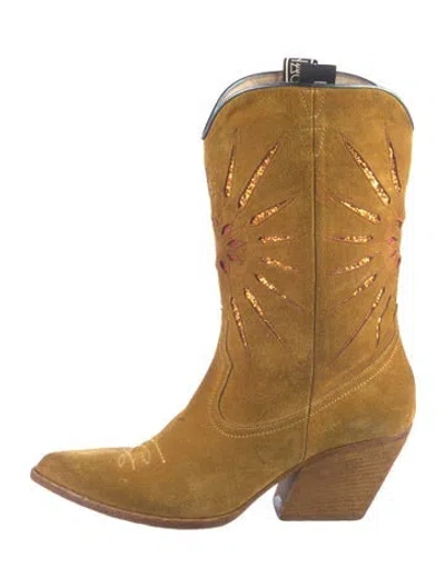 Pre-owned Elena Iachi Suede Graphic Print Western Boots In Yellow
