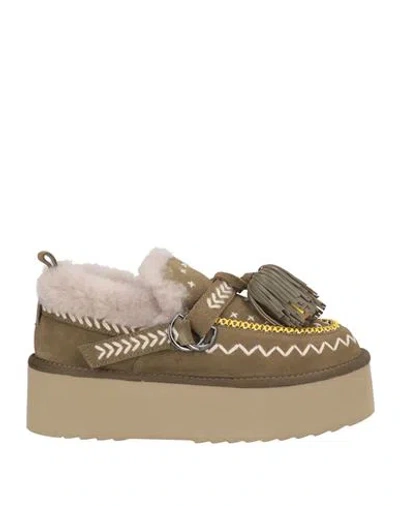 Elena Iachi Woman Loafers Military Green Size 8 Leather In Animal Print