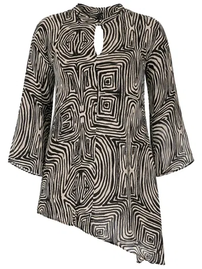 Elena Miro' Keyhole Geometric-print Blouse In Black