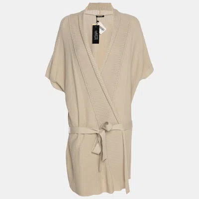 Pre-owned Elena Miro' Beige Stretch Knit Belted Long Cardigan L In Sand